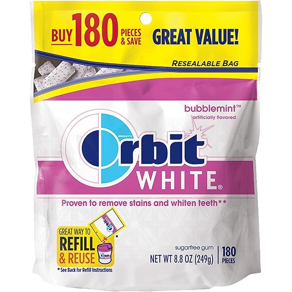 ORBIT BUBBLEMINT SUGARFREE GUM, 8.8-OUNCE RESEALABLE BAG, 180 PIECES