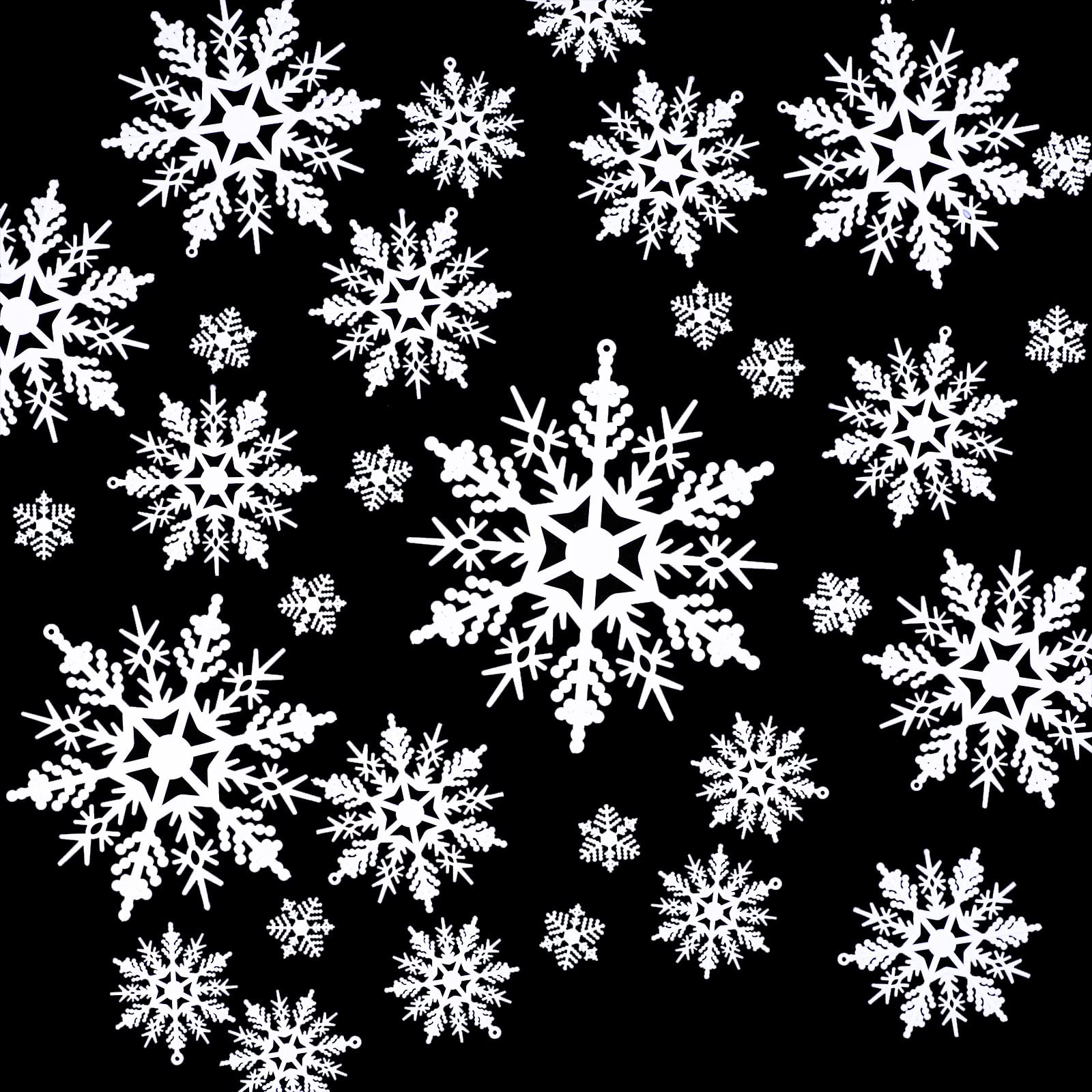 Photo 1 of 100 Pieces Christmas White Snowflake Ornaments Plastic Snowflakes Hanging Craft for Winter Party Christmas Tree Decorations, Assorted Sizes (1,2,3,4,5,6 Inches)