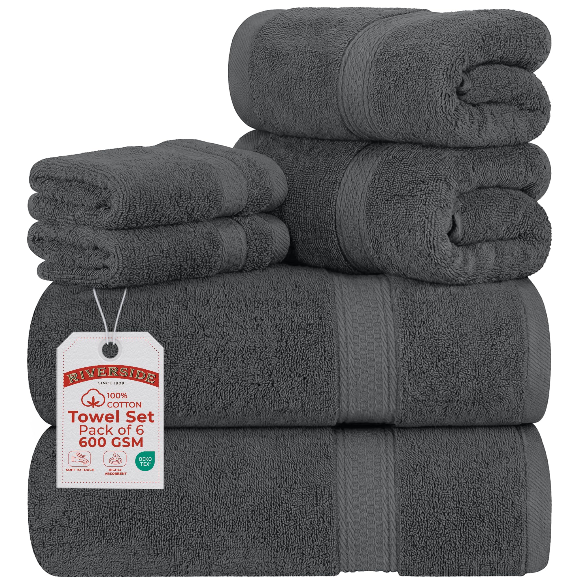 RIVERSIDE Pack of 6 Towels Set, 2 Large Bath, 2 Hand, 2 Face Washcloths, 100% Cotton Hotel Quality, Super Soft, Quick Dry, Highly Absorbent Perfect for Bathroom, Grey