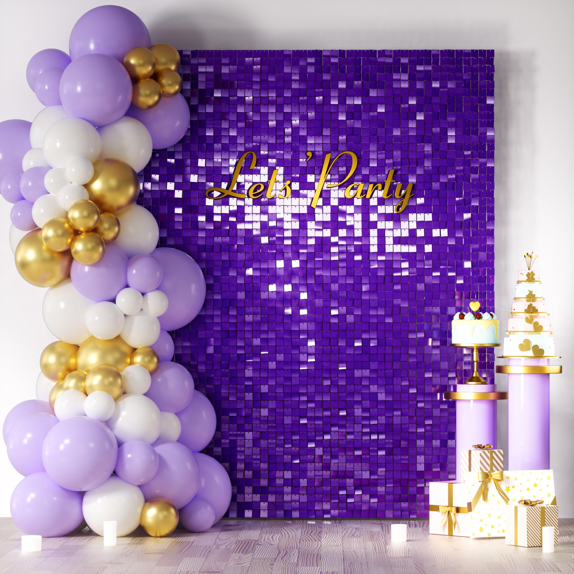 Photo 1 of COKAOBE Purple Shimmer Wall Backdrop, 24PCS Square Sequin Shimmer Backdrop Panel, Photo Backdrops for Birthday, Anniversary, Wedding, Graduation & Bachelorette Party Decoration