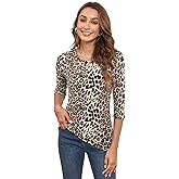 Womens 3/4 Sleeve Cotton Casual T Shirts Stretchy Crew Neck Slim Fit Leopard Print Blouse Tops