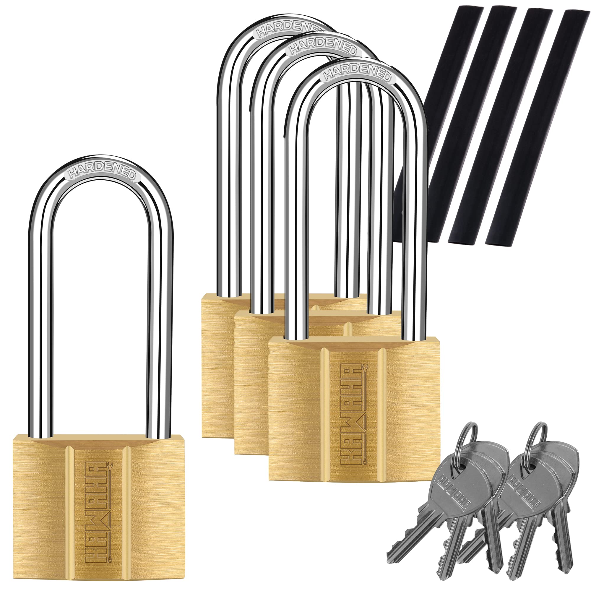 KAWAHA 81/40L-4P Long Shackle Keyed Padlock (Keyed Alike, Waterproof, Solid Brass Lock) for Sheds, Storage Unit, School, Gym Locker, Fence, Toolbox, Hasp, Storage - 40mm L*4