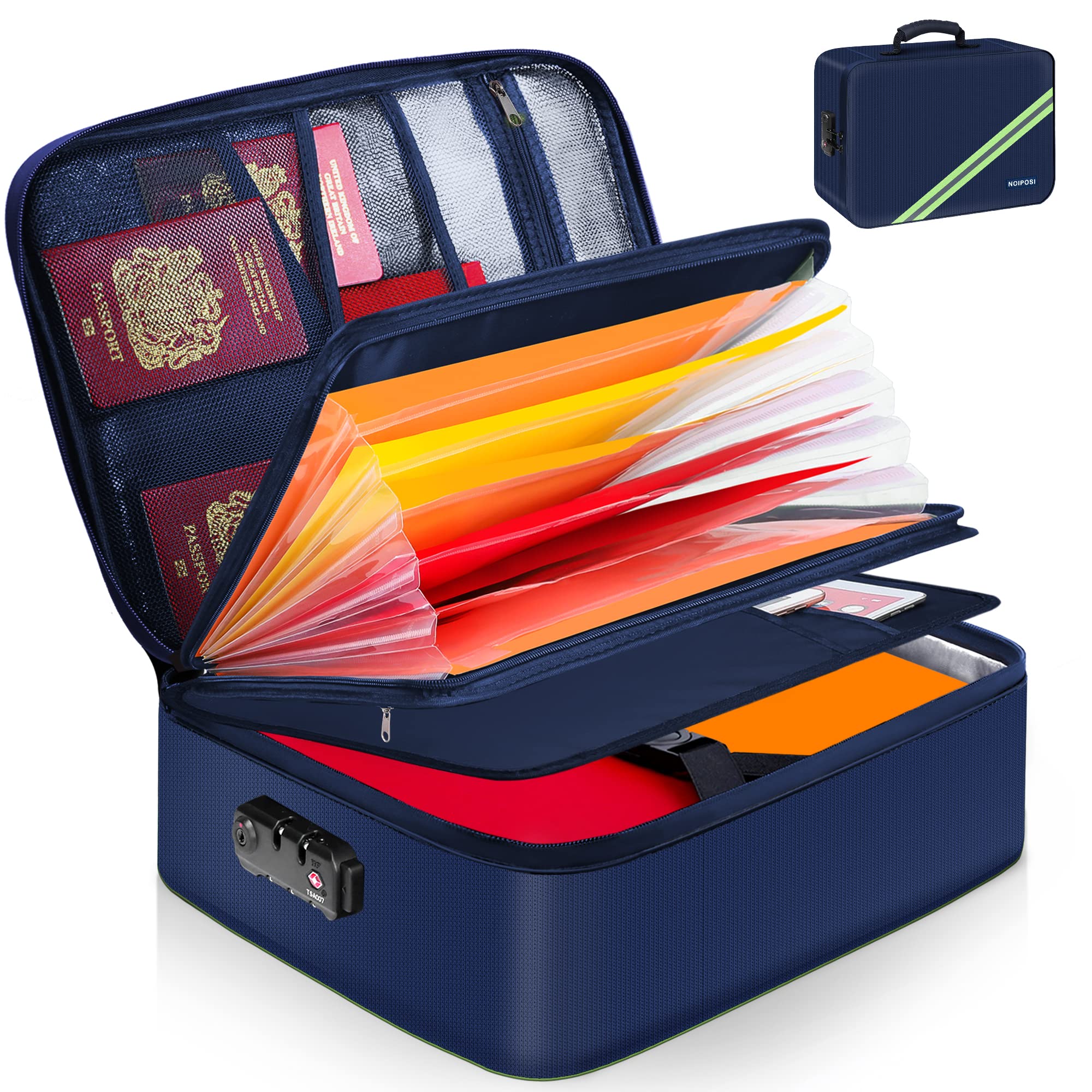 Noiposi Important Document Organizer, Waterproof and Fireproof Document Box with 7 Pockets File Folder,Portable Home Fire Safe Storage Box Case with Lock for Documents,File and Card,Blue Image Noiposi Important Document Organizer, Waterproof and Fireproof Document Box with 7 Pockets File Folder,Portable Home Fire Safe Storage Box Case with Lock for Documents,File and Card,Blue Image