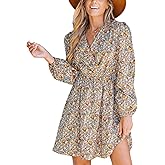 CUPSHE Women Floral Ruffle Summer Dress Surplice V Neck Long Peasant Sleeve Elastic Waist Flowy Casual Holiday Mini Dress