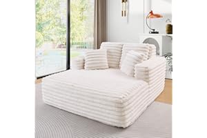 JEEOHEY 56"W Oversized Chaise Lounge Chair Indoor,Plush Faux Fur Sleeper Sofa Couch Bed with Pillows&Wide Armrest,Fluffy Comfy Cloud Sofa,Compression Foam Boneless Couch for Living Room,Bedroom(Beige)