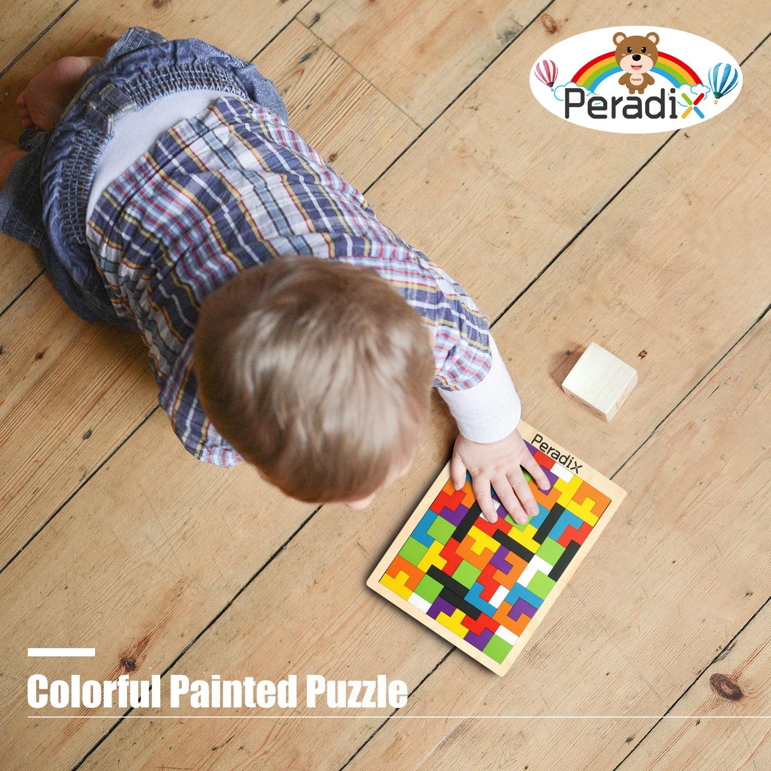 Peradix Wooden Jigsaws Tangram Puzzle Board Toys Colourful Brain Teasers Upgraded Toys Set 63PCS for Preschool Imagination Intellectual Education