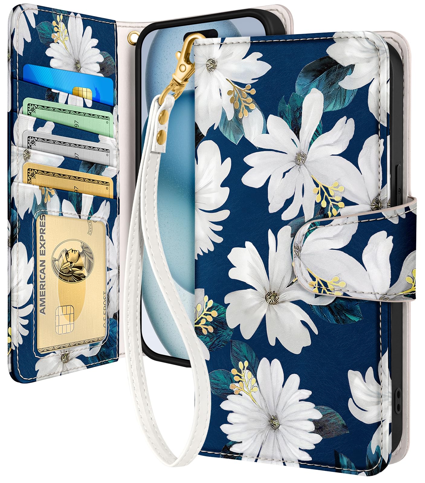 Toycamp for iPhone 15 Plus Wallet Case with Wrist Strap - Leather Flip Folio Phone Case with RFID Blocking 4 Card Holder for Apple for iPhone 15 Plus Funda Cute Aesthetic for Women, White Flower