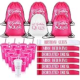 SiliFine 18 Pcs Birthday Squad Party Favors Kits for Women, 6 Sets Birthday Queen 24 oz Plastic Tumblers with Lid and Straw Squad Drawstring Bags Sashes for Girls Sweet Party Favors(rose Red + White)