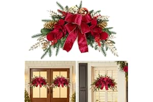 Alupssuc 24" Christmas Swag for Front Door Teardrop Decoration with Bows,Xmas Balls,Red Magnolia,Berries, Pine Cone for Indoor Outdoor Swags Wall Window Table Mantel Home Holiday Hanging Decor,1 PCS