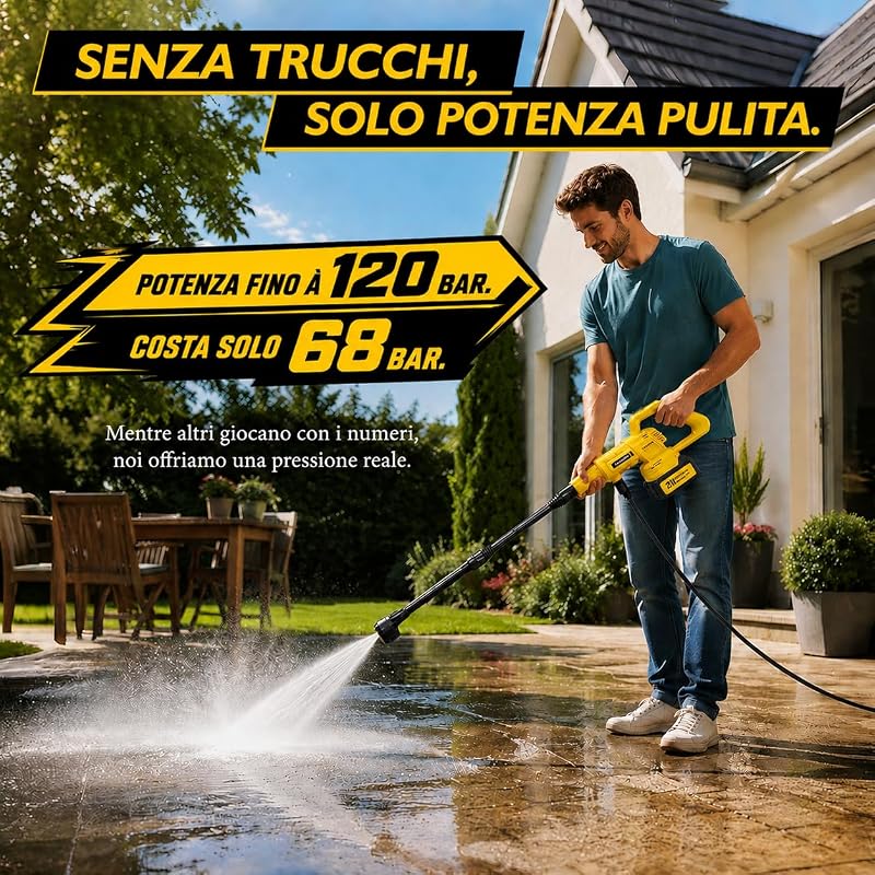 Idropulitrice senza fili, 17 pezzi, 8000 mAh, pressione massima 68 bar, con ugello 6 in 1 e ugello girevole a 180°, idropulitrice portatile per auto, biciclette, giallo limone