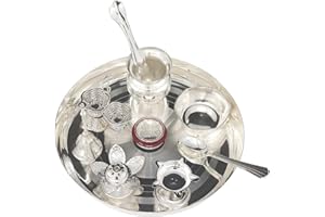 BENGALEN Silver Plated Pooja thali Set 8 Inch with Plate Diya Kalash Bowl Ghanti Dhup Dan Palli Spoon Kumkum Stand Coin Puja Thali for Diwali Home Mandir Office Wedding Return Gift Items