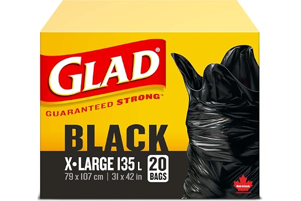 Glad Black Garbage Bags - Extra-Large 135 Litres - 20 Trash Bags Made in Canada of Global Components