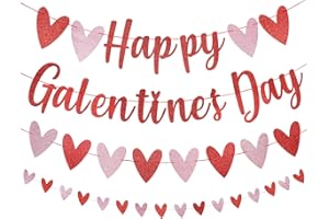 LEESKY Red Glitter Happy Galentines Day Banner and Valentines Heart Banner Garland Decorations, Galentine's Day Banner Decor for Happy Galentines Day Decorations Valentines Wedding Anniversary Party Supplies