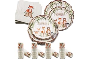 OUO HOORAYS Woodland Creatures Party Supplies Baby Shower Decorations, Forest Animal Friends Theme Party Supplies, 32 Guests Dinner Plates, Dessert Plates,9 oz Cups and Napkins for Baby Shower and Birthday Party