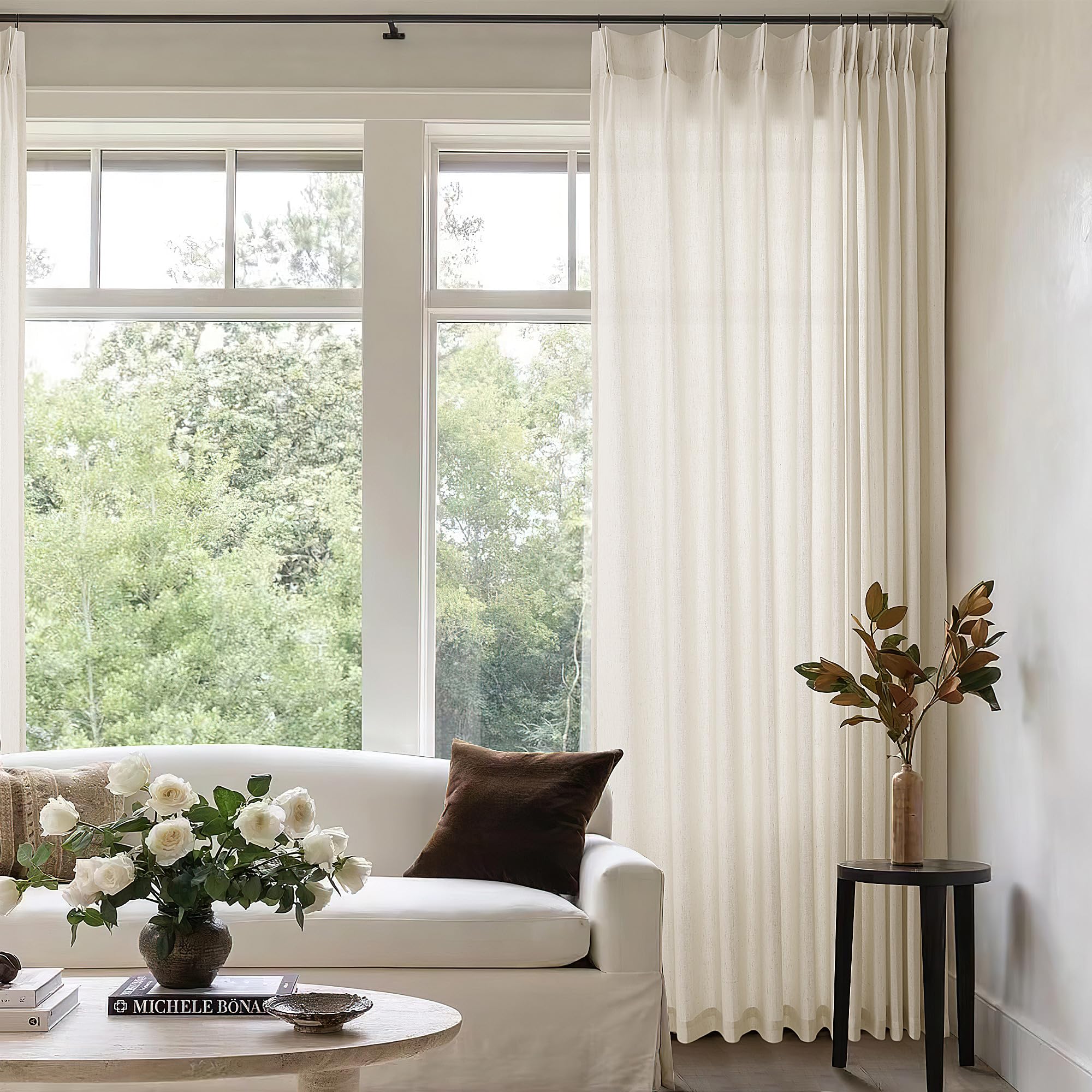 Photo 1 of Sand Beige Linen 102 Inch Curtains 72 Inch Wide for Living Room Privacy Pinch Pleated Drapes with Hooks Rings Back Tab Light Filtering Semi Sheer Extra Wide Curtains for Patio Balcony Oatmeal 72x102