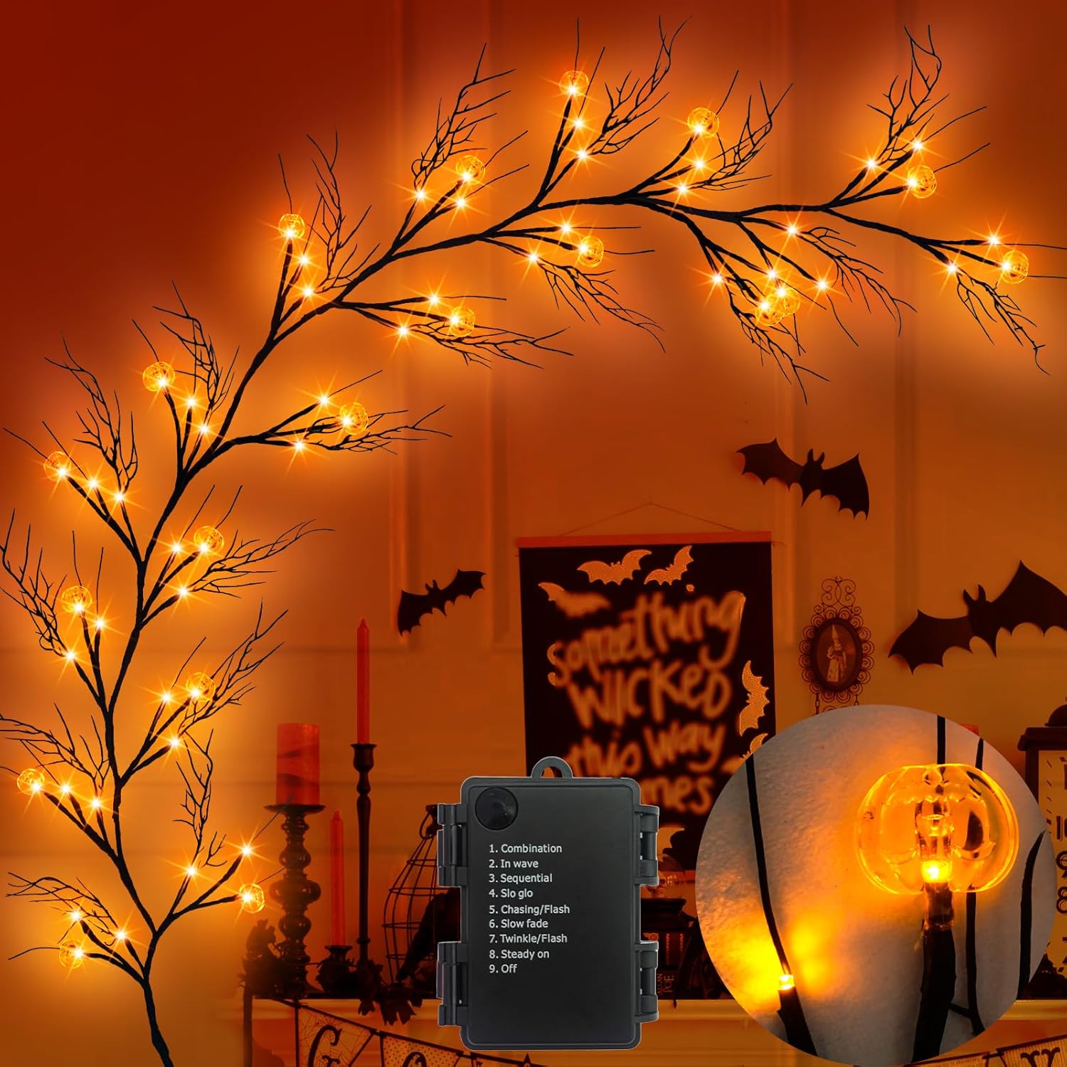 Wreaths, Garlands & Swags - [Timer & 8 Modes] Krissing 6Ft 57 LED Halloween Willow Vine Twig Halloween Garland with 19 Pumpkins Orange Lights Waterproof Battery Operated Halloween Lights Home Indoor Wall Fireplace Mantle Decor