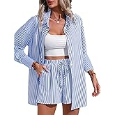 Sewius Women's 2 Piece Outfits Striped Button Down Long Sleeve Shirt Top and Drawstring Shorts Set