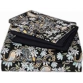 JSD Black Paisley Floral Sheet Set Queen Size 6 Piece, Printed Pattern Soft Microfiber Bed Sheets Extra Deep Pocket