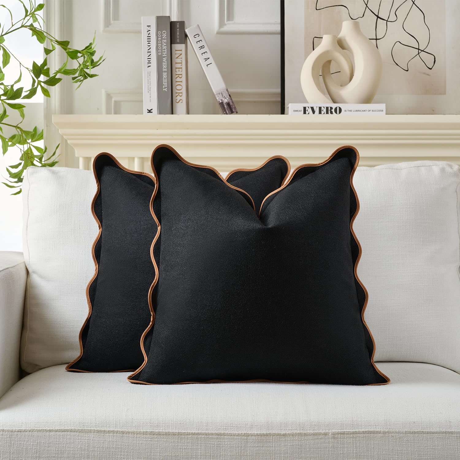 Photo 1 of Mayler Yee Scalloped Throw Pillow Covers Set of 2 for Living Room, Cotton & Linen, Boho Sytle Decorative Home. Fabric Feels a Little Stiff, Because Scalloped Edges Require (Black & Brown, 24x24 Inch)