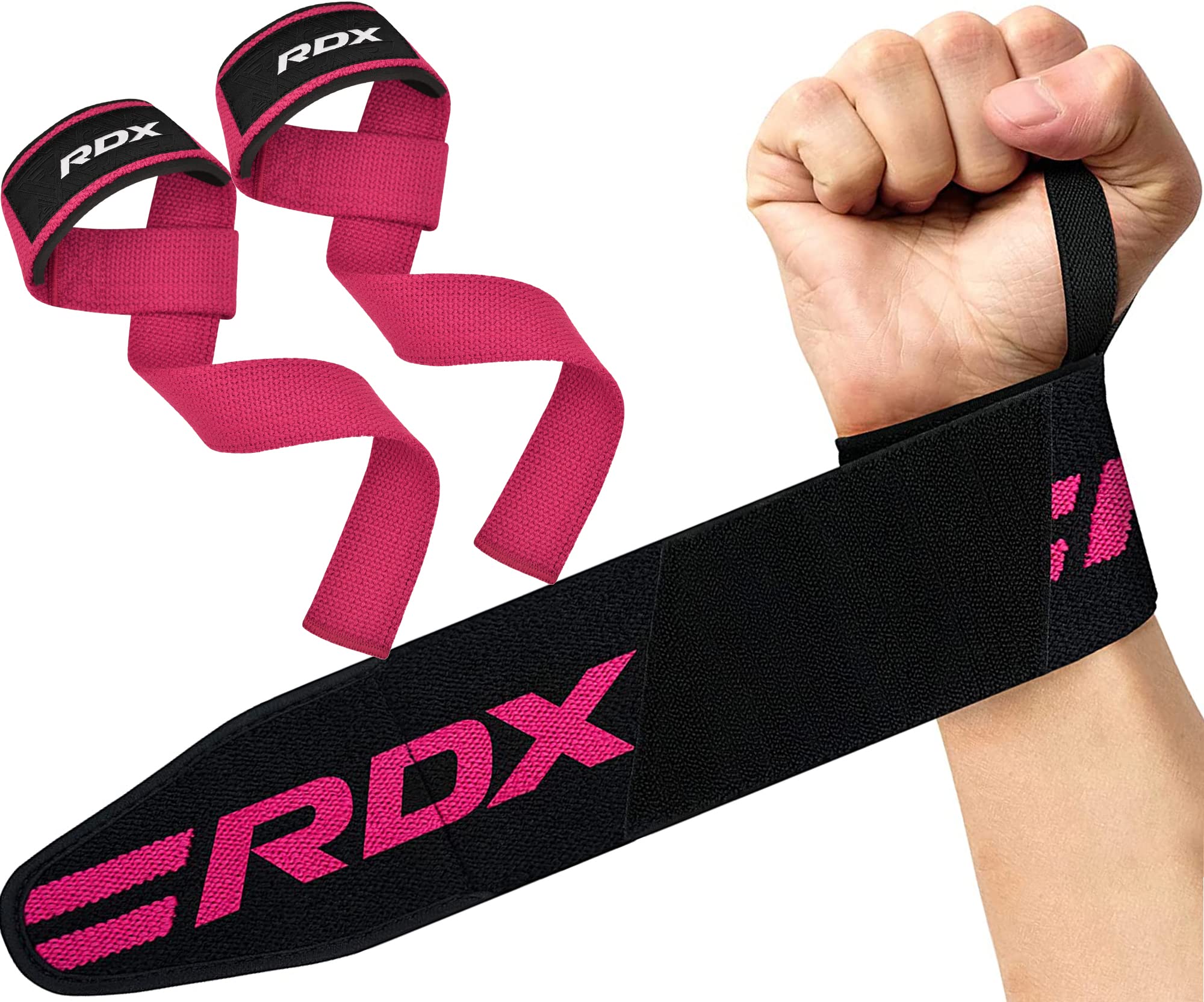 RDX Weight Lifting Wrist Wraps with Gym Straps, Elasticated 18” Cotton Wrap, 60CM Anti Slip Workout Strap Support, Bodybuilding Deadlifting Powerlifting Fitness Gymnastics Strength Training, Men Women