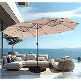PHI VILLA 15ft Large Patio Umbrella with Base & Solar Lights, Double-Sided Outdoor Rectangle Umbrellas with 36 LED Lights, Umbrella for Outside with Stand, Beige