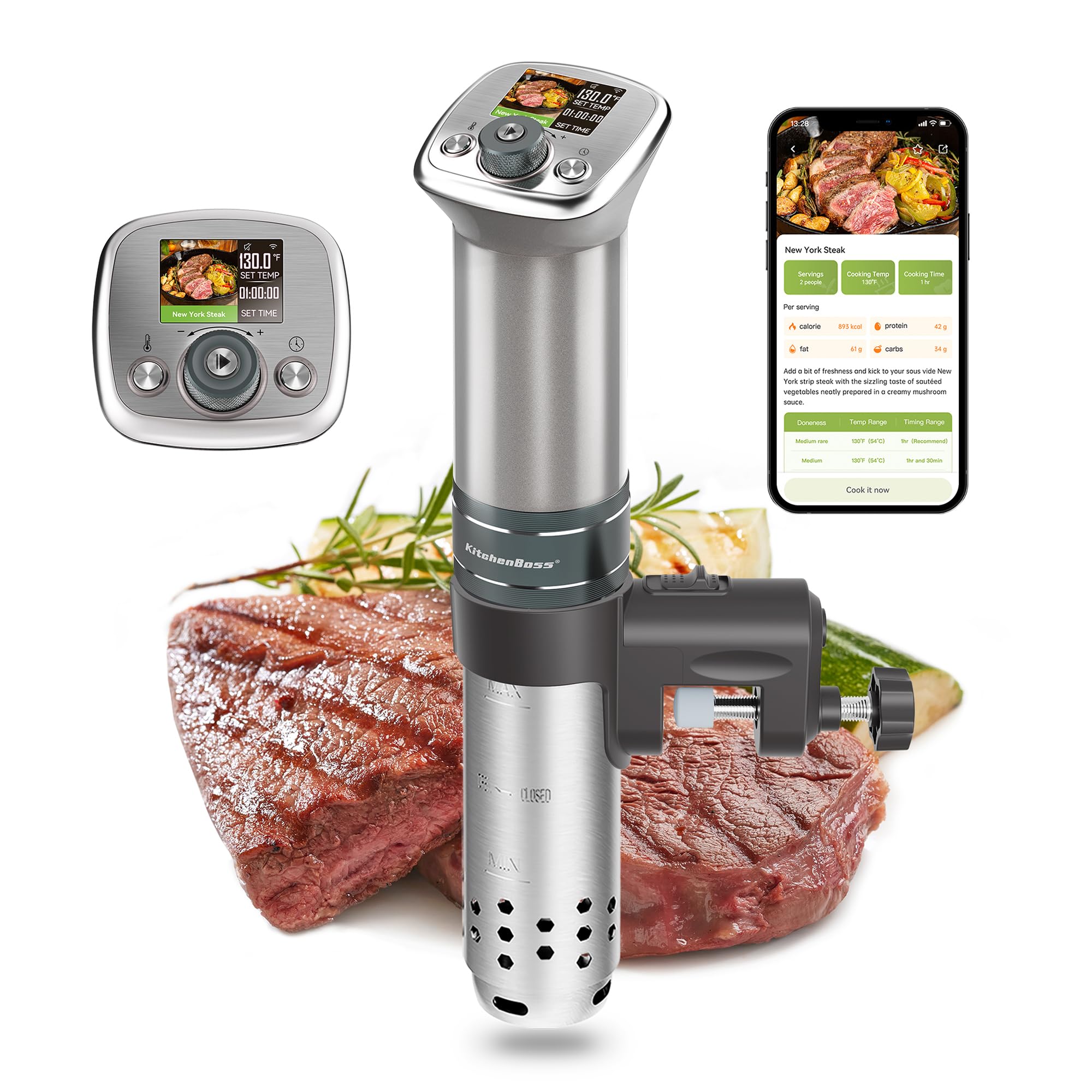 KitchenBoss WiFi Sous Vide Cooker: Ultra-quiet Sous Vide Machine Built-in TFT Color Display Recipes, 1100W Sous Vide Immersion Circulator Accurate Temp Waterproof Magnetic Knob APP Control, Silver