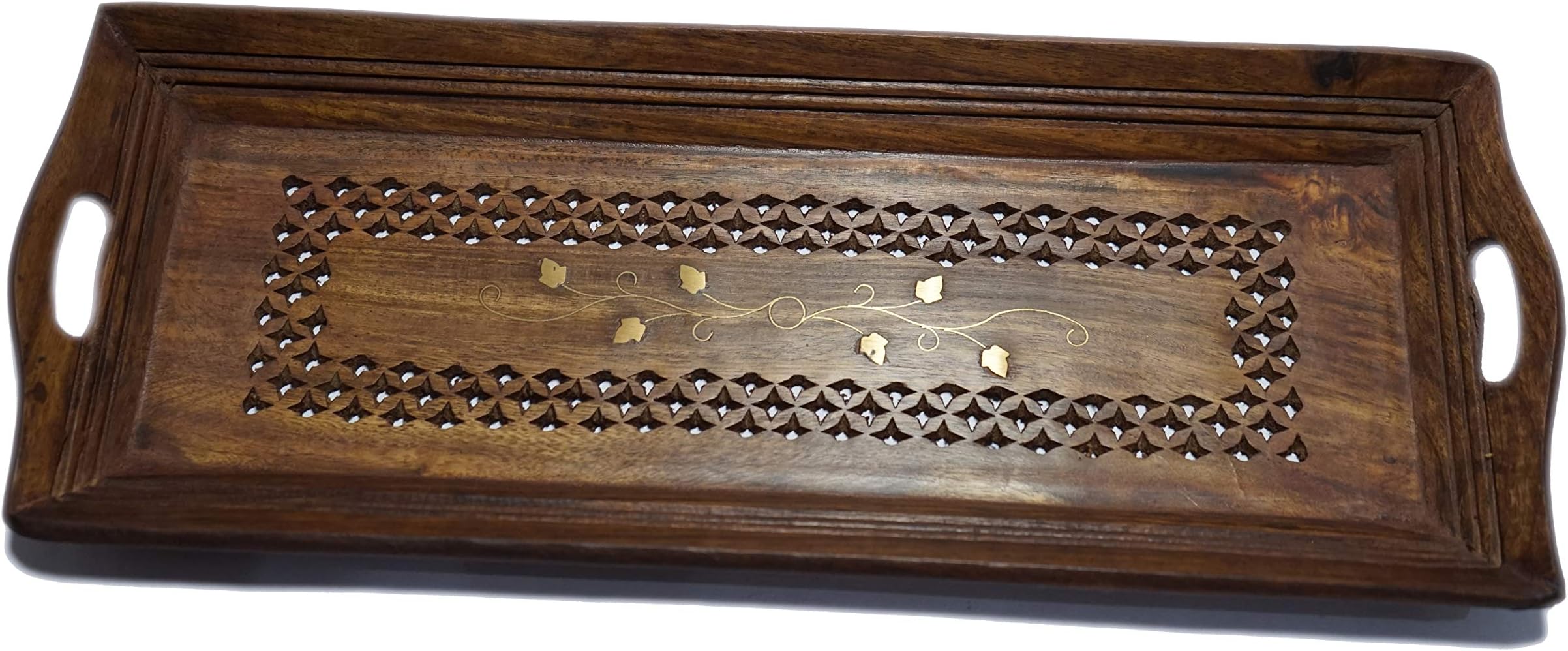 Simran Handicrafts Happie Shopping Wooden Premium Quality Serving Tray with Hand Carved Design (11 Inch) - Set of 2