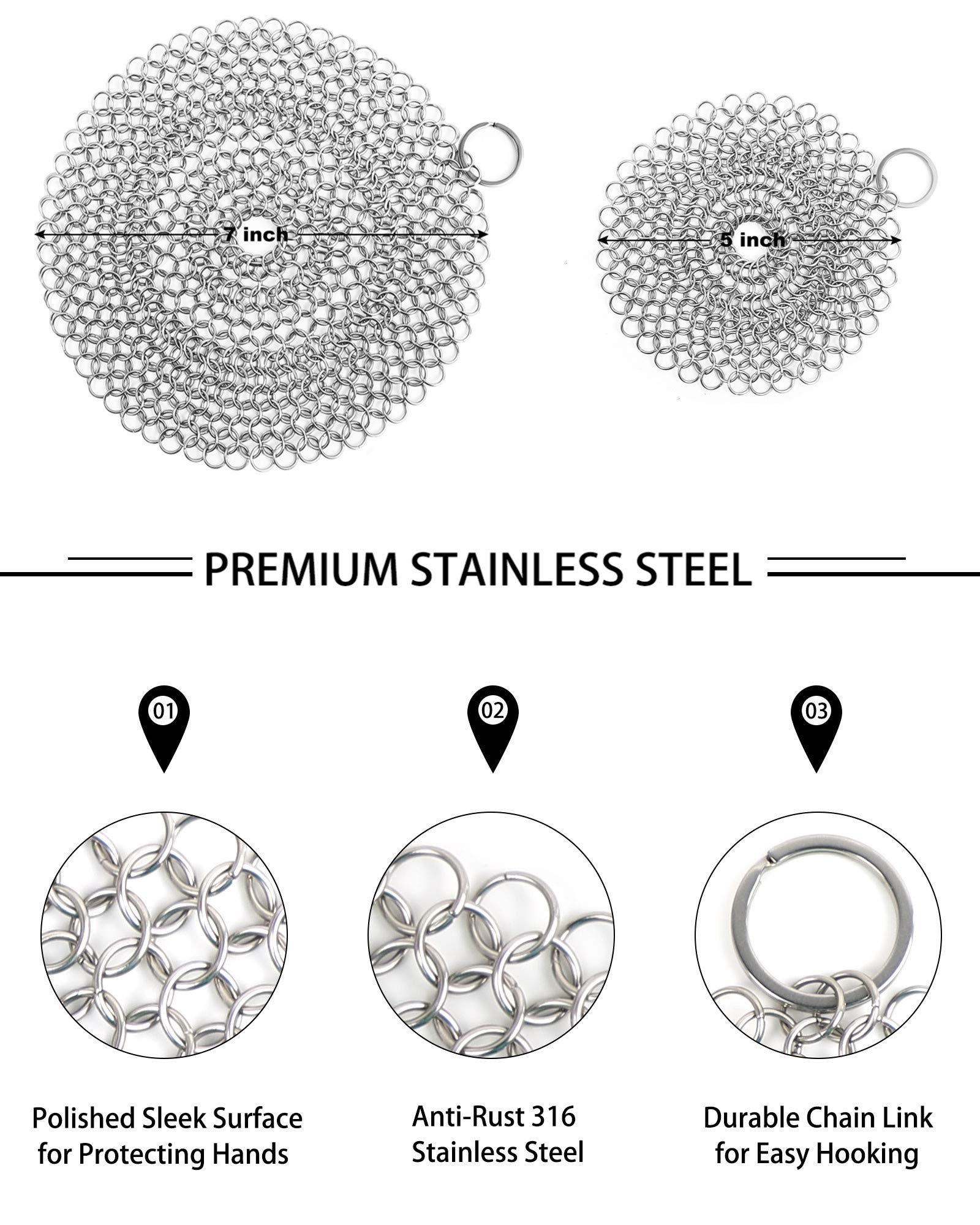 ONEEKK Cast Iron Skillet Cleaner Chainmail,2 Pack Premium Stainless Steel Chain Maille Scrubber for Cast Iron Pans,Stainless Steel,Glassware(7IN &5IN Round)