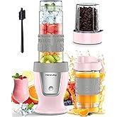 HoninJoy Smoothie Blender, 650W Personal Blenders for Shakes and Smoothies with Grinder Cup & 2 BPA-Free Portable Cups (20oz+14oz), Portable Blender for Juices, Smoothies Maker for Kitchen, Pink