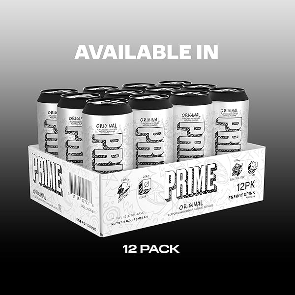 PRIME ENERGY ORIGINAL, SUGAR FREE ENERGY DRINK, 200MG CAFFEINE AND 355MG OF ELECTROLYTES FOR HYDRATION, LOW CALORIE, VEGAN, GLUTEN FREE, 16 FLUID OUNCE, 12 PACK