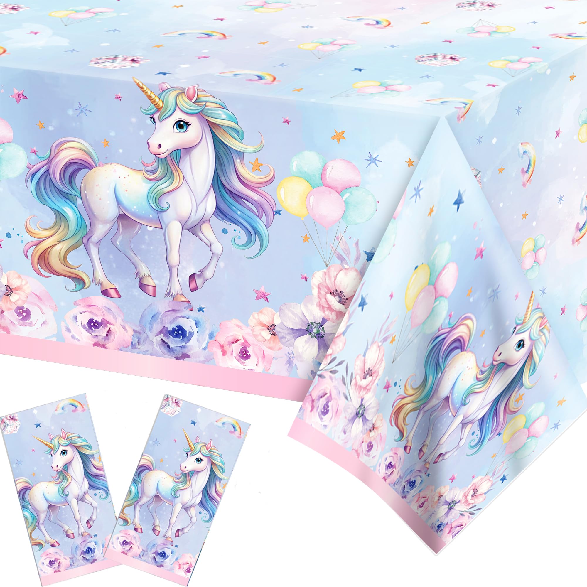 Photo 1 of 2 PCS Unicorn Disposable Tablecloth, Colorful Pony Plastic Tablecloth, Rectangular Table Cover, Wedding Birthday Party Decoration Supplies 86 x 51 inches