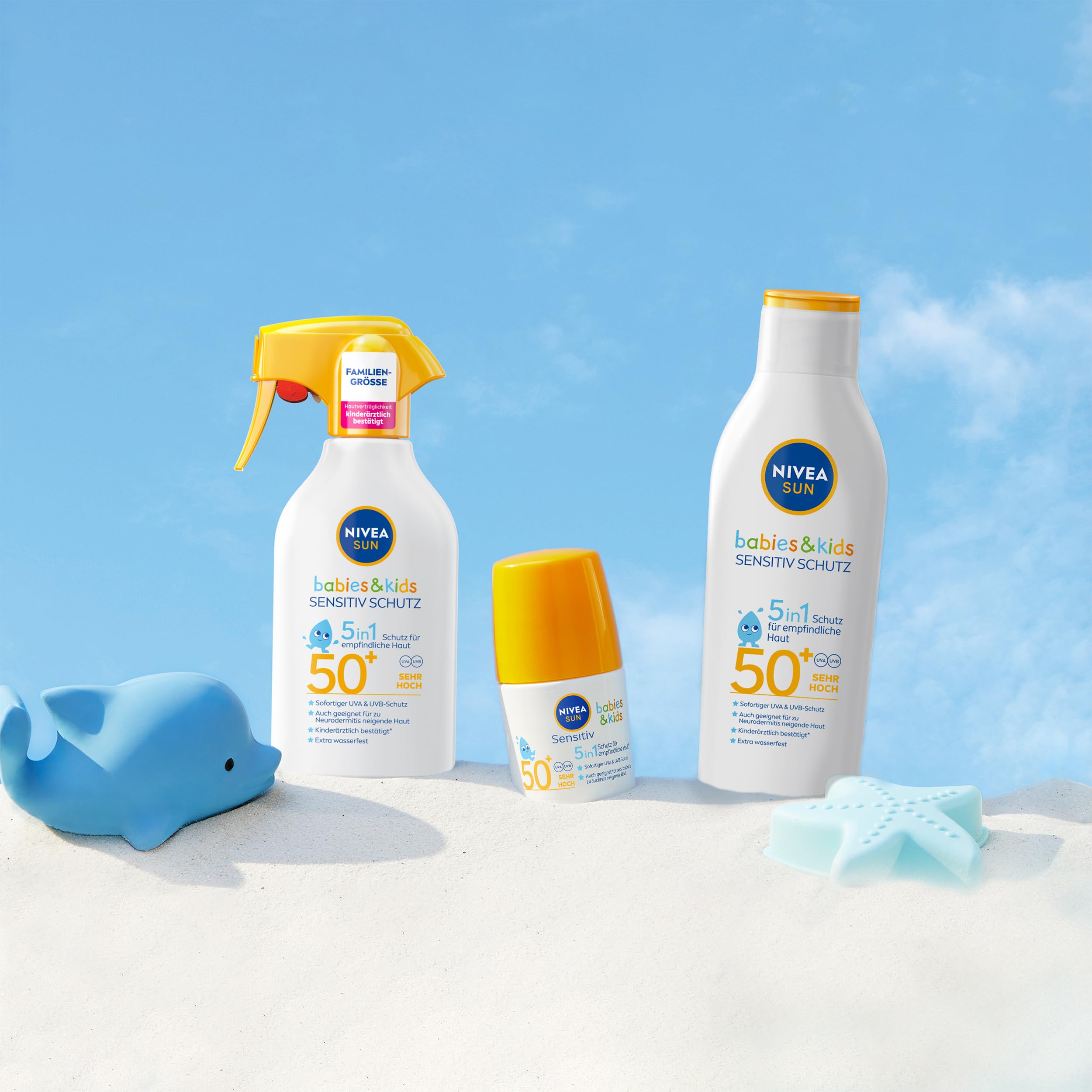 NIVEA SUN Babies & Kids Sensitiv Schutz 5in1 Sonnenmilch LSF 50+, extra wasserfestes Sonnenlotion als Spray mit LSF 50+, Sonnencreme für Kinder ohne Parfüm (250 ml) 7