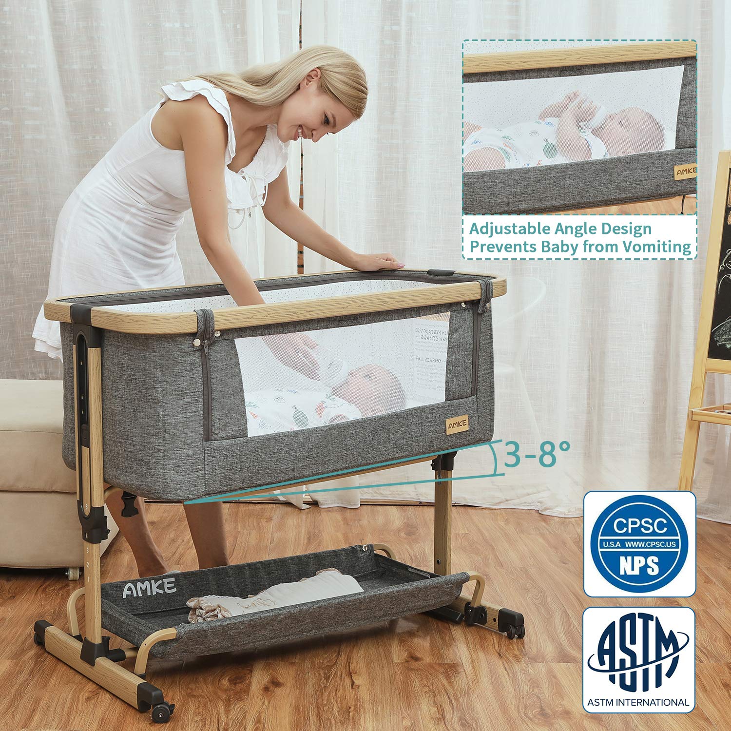 3 in 1 Baby Bedside Sleeper for Baby, Baby Crib with Storage Basket for Newborn