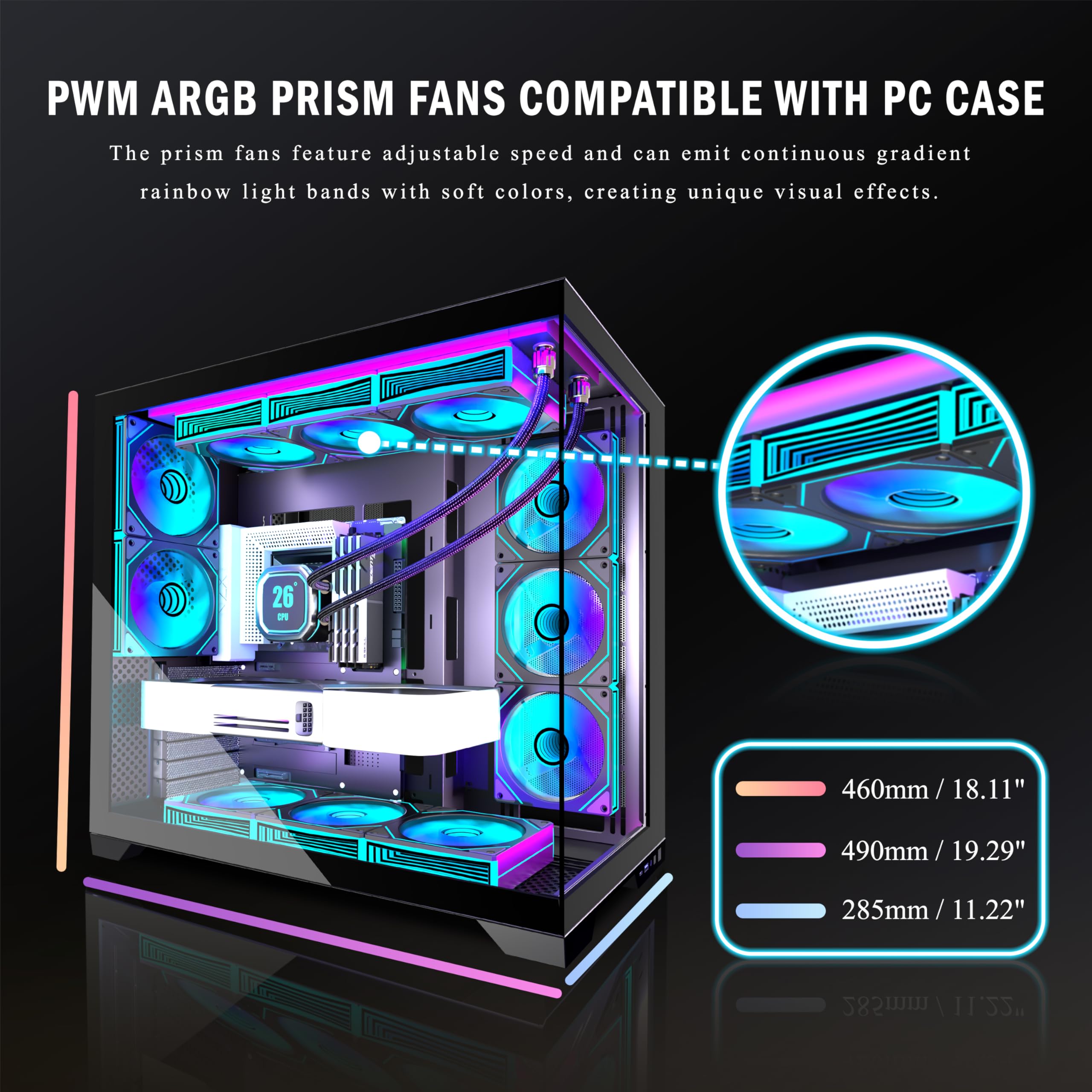 ANSAITE ATX PC-Gehäuse 9×120 mm ARGB PWM-Lüfter vorinstalliert ，Mid-Tower Gaming PC-Gehäuse, Panorama-Gehärtetes Glas Schwarz Computer-Gehäuse mit Typ-C, 360mm Radiator Unterstützung，H-D9 (Schwarz) 4