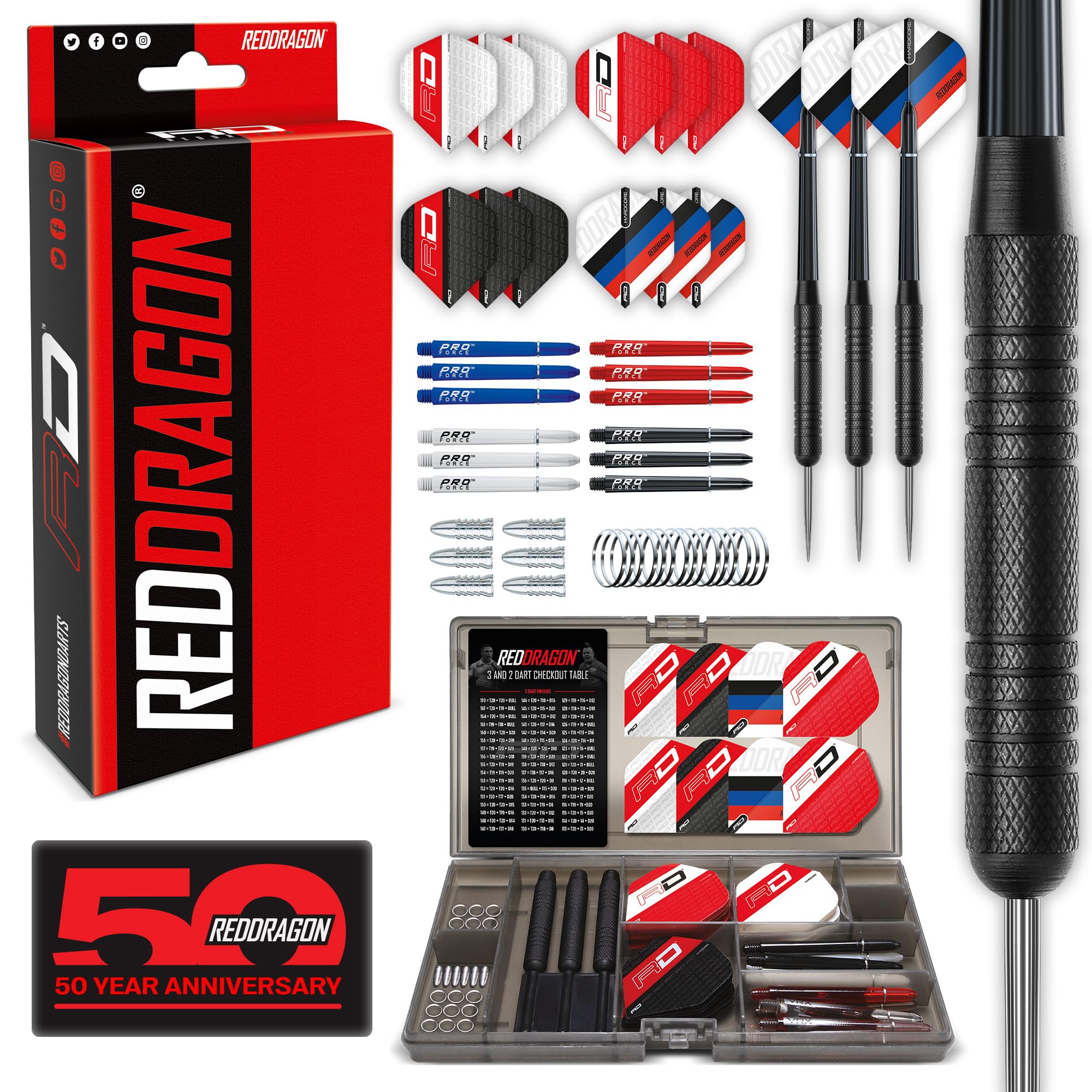 RED DRAGON Ultimate 50 Piece Darts Set, 20g Steel Tip Professional Brass Darts Set With Case | Includes Dart Flights, Shafts & More Accessories