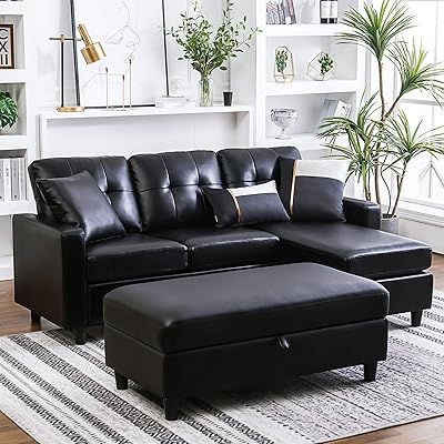 HONBAY Convertible Sectional Sofa with Ottoman, Black Faux Leather