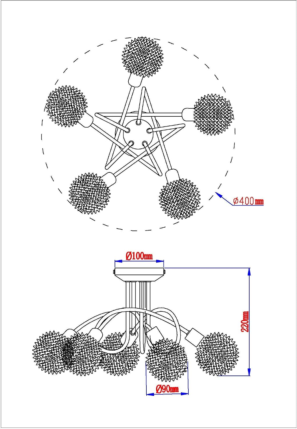 Modern 3 or 5 Way Flush Kitchen Bedroom Mesh Wire Design Ball Shape Round Ceiling Lights in Chrome and Satin Colour Finish (5 Way) - Image 3