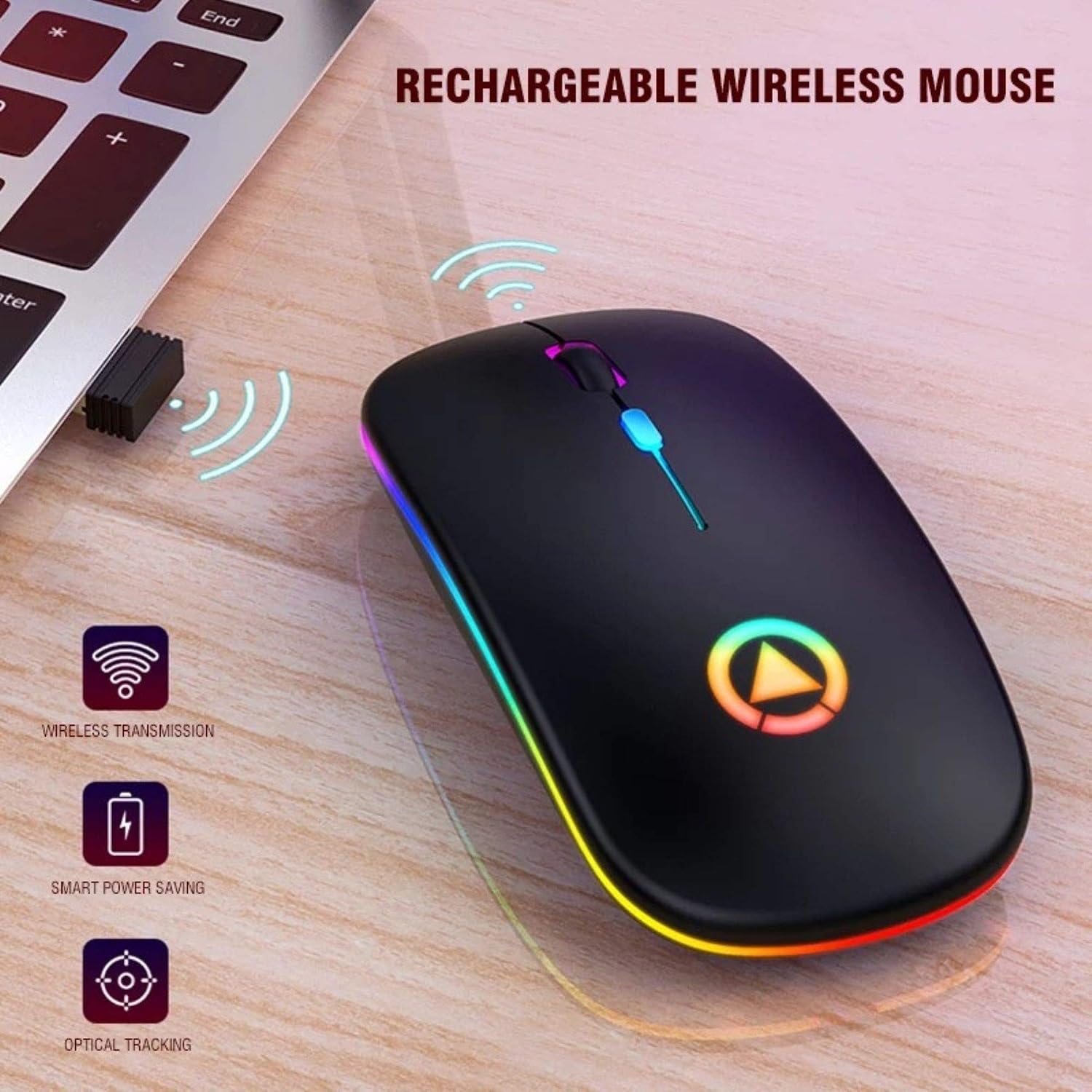 Unity Ultra Slim Silent 2.4G Wireless Mouse A2 Lightweight Portable LED Colour Light Rechargeable Mouse for Laptop (Colour: Black) - Image 4