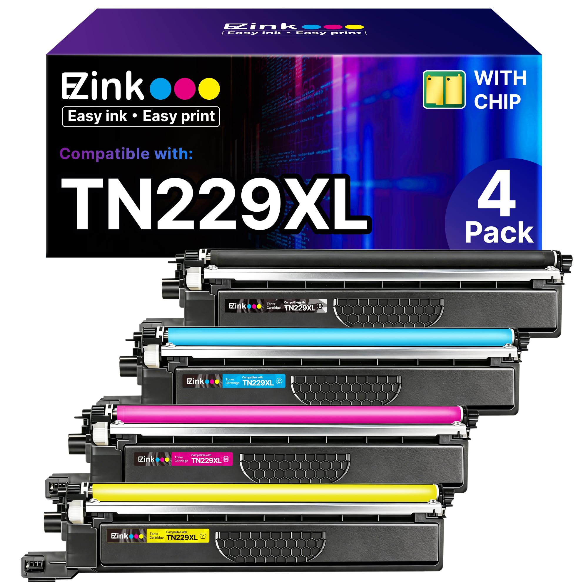 Photo 1 of E-Z Ink Compatible TN229XL Toner Cartridges Replacement for Brother TN229XL TN-229XL TN229 XL to use with MFC-L3720CDW MFC-L3780CDW HL-L3220CDW HL-L3280CDW HL-L3300CDW Printer (TN229XLBK/C/M/Y-4 Pack)