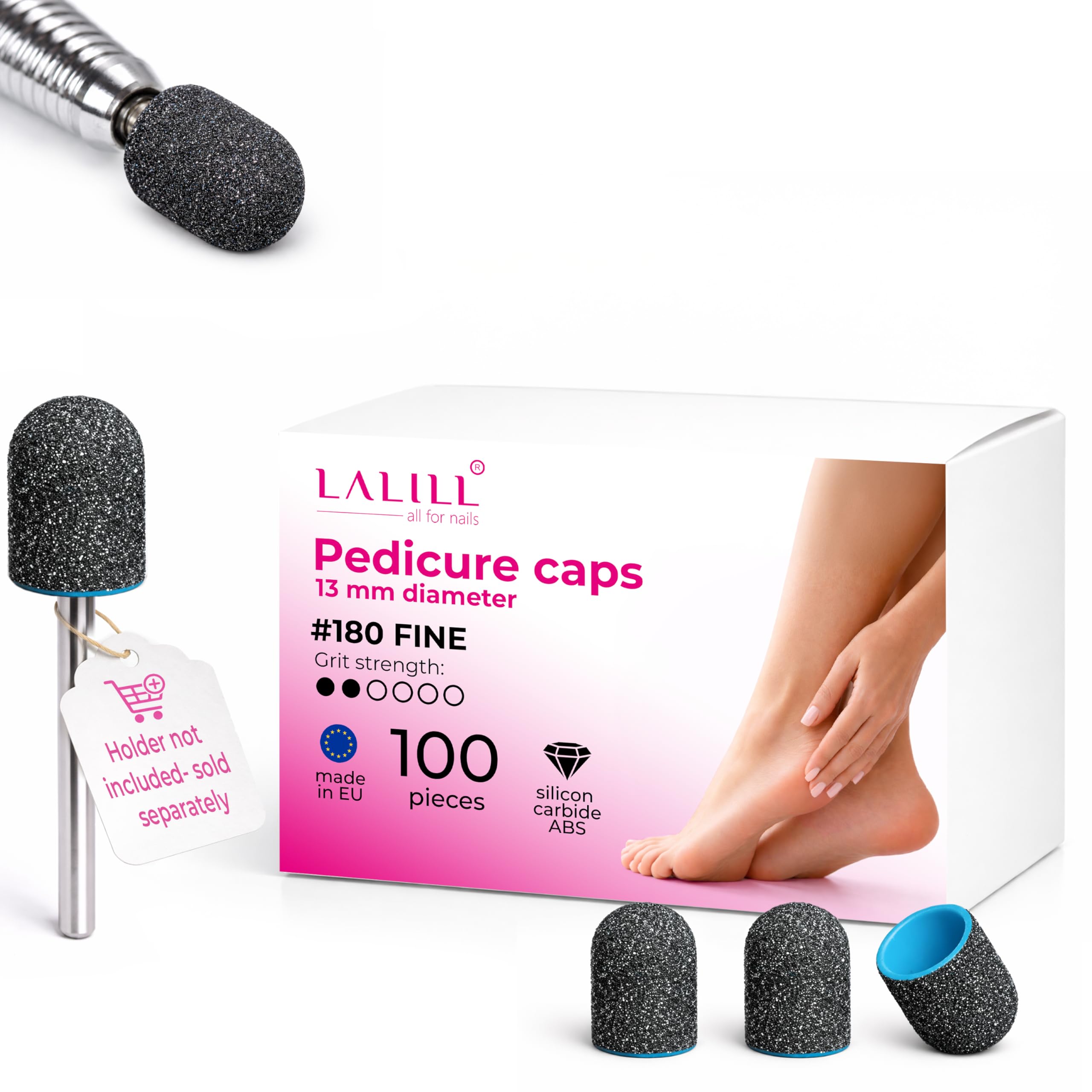 LALILL Sanding Caps LUX Pack of 100 - Graphite Milling Caps for Nail Cutters - Manicure, Pedicure & Podiatry - Attachments for Foot Care, Callus Removal, Nail Modeling, 13 mm 180 Grit