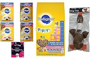 ILC Buy Puppy Dry Dog Food Variety Bundle, 01 Bag (3.5LB) Chicken Flavor and 04 Pouches Morsels in Sauce, (02) Chicken and 02 Beef and a Goose Dog Toy. Plus a Pet Nutrition Booklet.