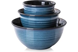 Hasense Large Mixing Bowls Set for Kitchen, Ceramic Serving Dishes for Entertaining, 2.1/1.0/0.5 Qt Deep Microwave Safe Nesting Batter Bowl for Storage and Baking, Blue