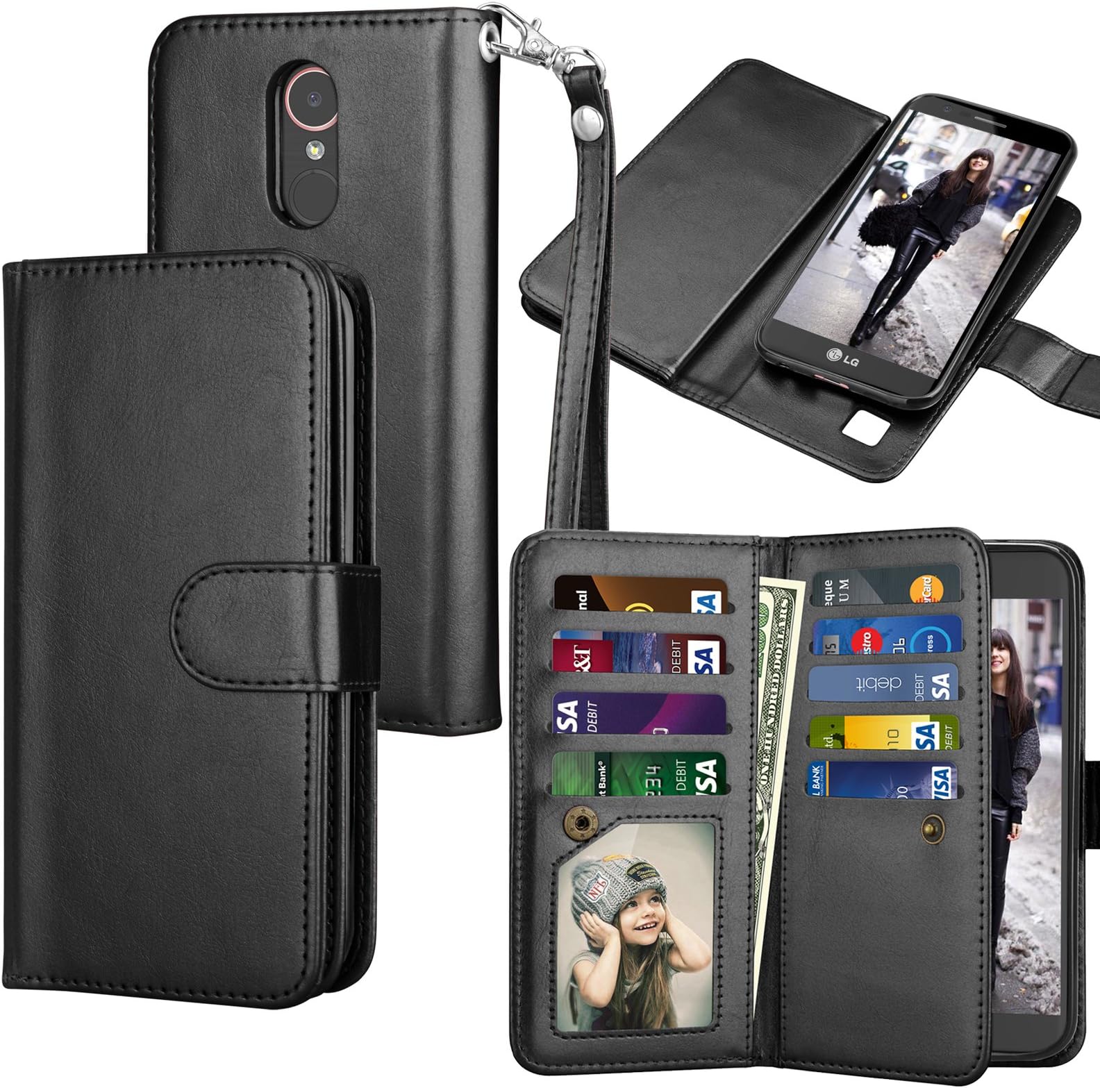 Tekcoo Compatible for LG K20 V/LG K20 Plus/LG Harmony/LG Grace/LG V5 / K10 2017 PU Leather Wallet Case, Luxury ID Credit Card Slots Holder Flip Cover [Detachable Magnetic Hard Case] - Black