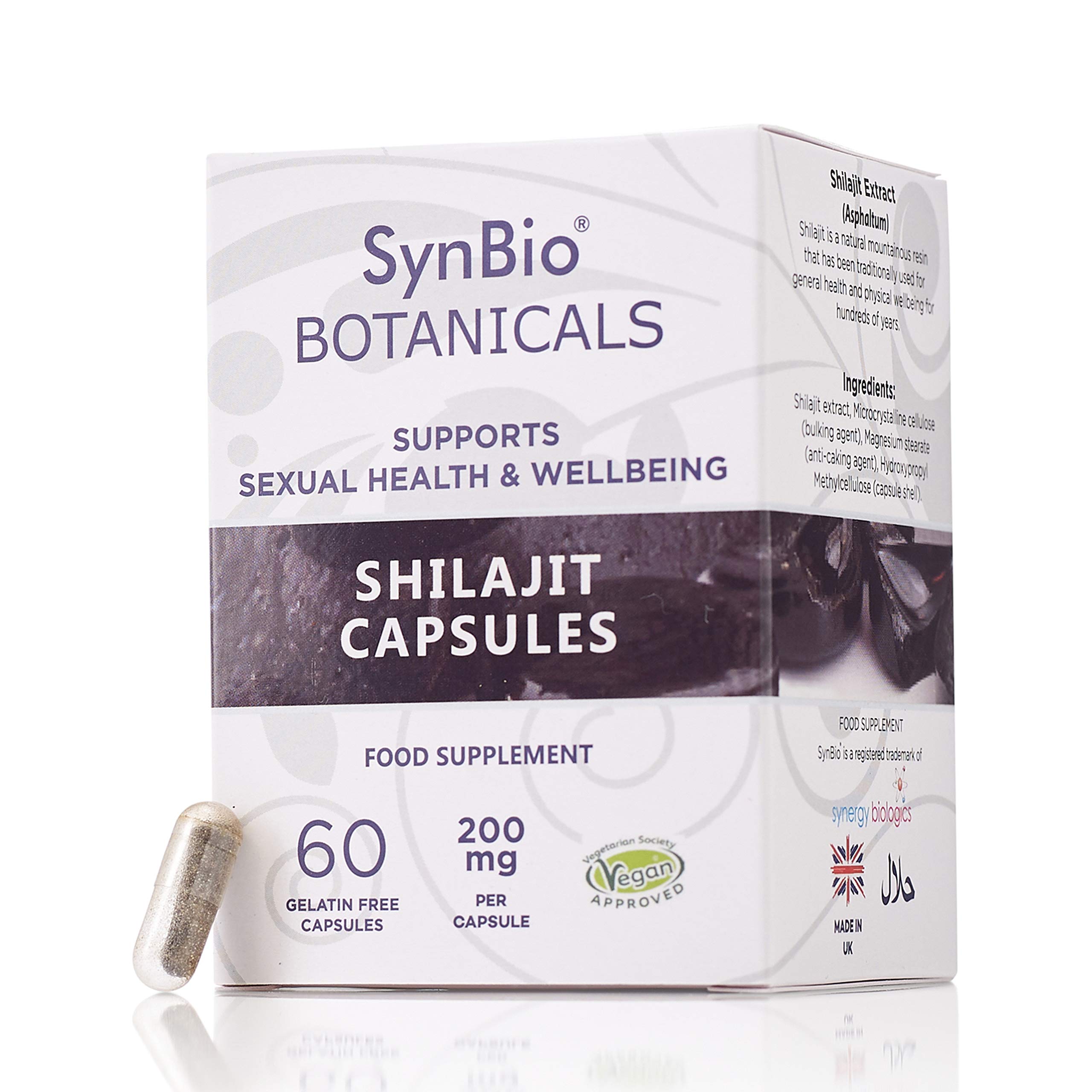 SynBio Botanicals - Shilajit Extract 200mg | 30 Vegan Capsules | Free from Dairy, Gelatine, Gluten, Nut/Peanuts, Salt, | Kosher & Halal | Supports Sexual Health & Overall Wellbeing