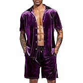 LecGee Men Summer Casual Short Sets Velvet Short Sleeve Button Down Shirt Elastic Waist Shorts 2 Piece Outfits Tracksuit