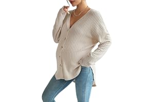 COZYEASE Women's Maternity Ribbed Knit Button Down Tee Shirt Drop Shoulder V Neck Sweater Top