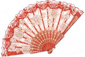 EOSAU Handheld Chinese Folding Fan Lace Hand Fans for Women Foldable Bulk for Party Wedding Church Dancing (Red)