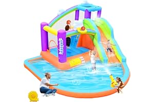 Easyair Inflatable Bounce House Water Slide for Kids, Rainbow Cloud Splash Pool, Indoor Or Outdoor Bouncy Castle, Climbing Wall, 2 Basketball Hoops, Jumper Included 470W Blower Orange