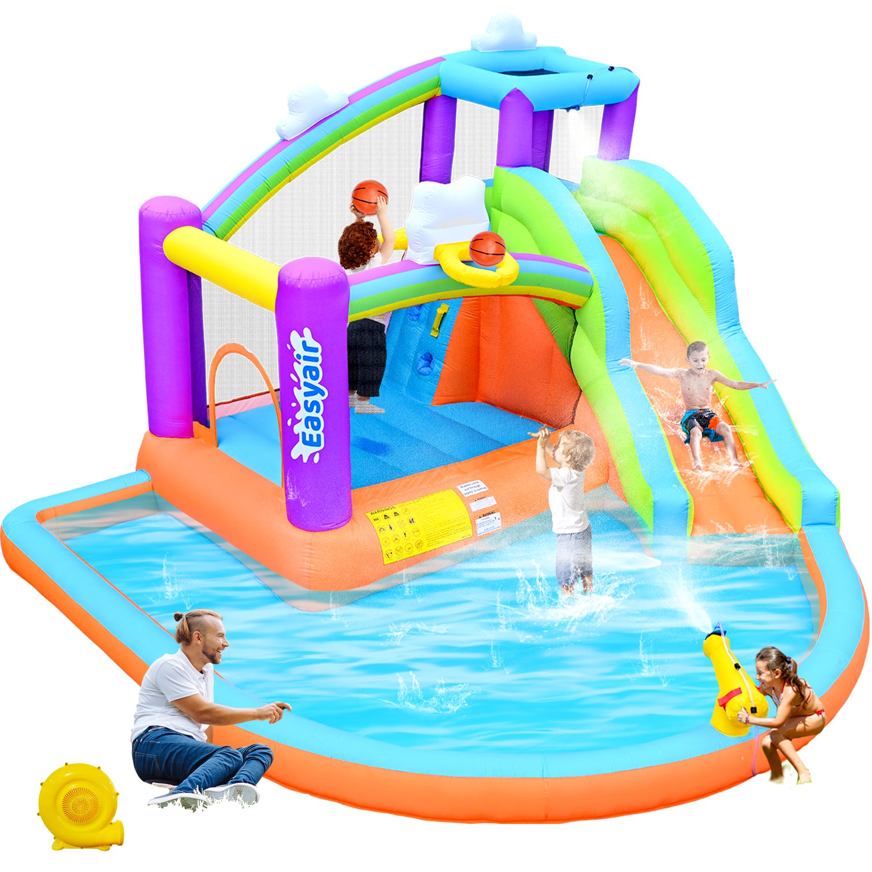Photo 1 of ** PARTS ONLY** SEE CLERK NOTES**Inflatable Bounce House Water Slide for Kids, Rainbow Cloud Splash Pool, Indoor Or Outdoor Bouncy Castle, Climbing Wall, 2 Basketball Hoops, Included Blower (Orange, 154" L x 144" W x 94" H)