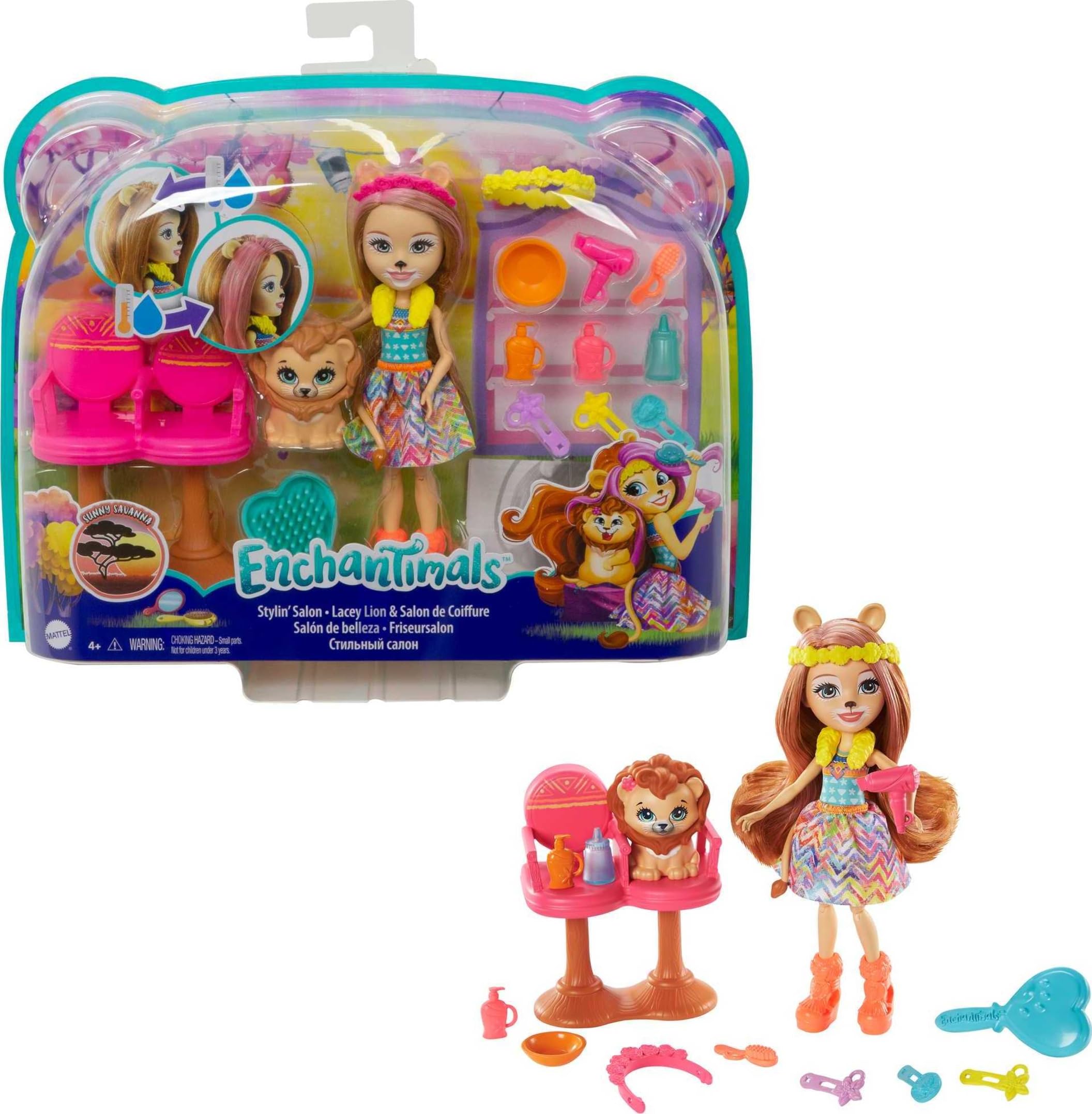 ​Enchantimals Stylin’ Salon Playset Lacey Lion (6-in/15.2-cm) & Manesy with 13 Accessories, Sunny Savanna Collection, Just Add Water for Color-Change Hairstyle Fun, Great Gift for 3 to 8 Year Old Kids